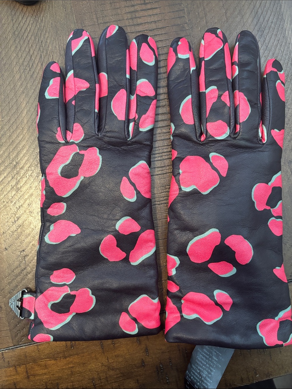 Emporio Armani Black Leather Gloves with Pink & Aqua Floral Spots